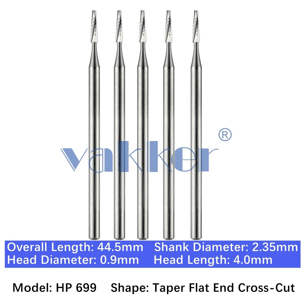 Vakker 5pc Dental HP 699 Carbide Burs Taper Flat End Cross-Cut 2.35mm