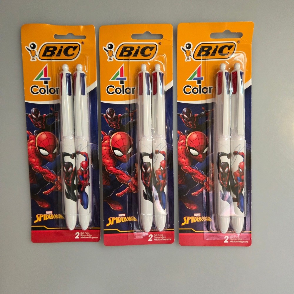 BIC 4 Color Marvel Spider-Man Retractable Ballpoint Pens 3 Packs of 2 Total 6