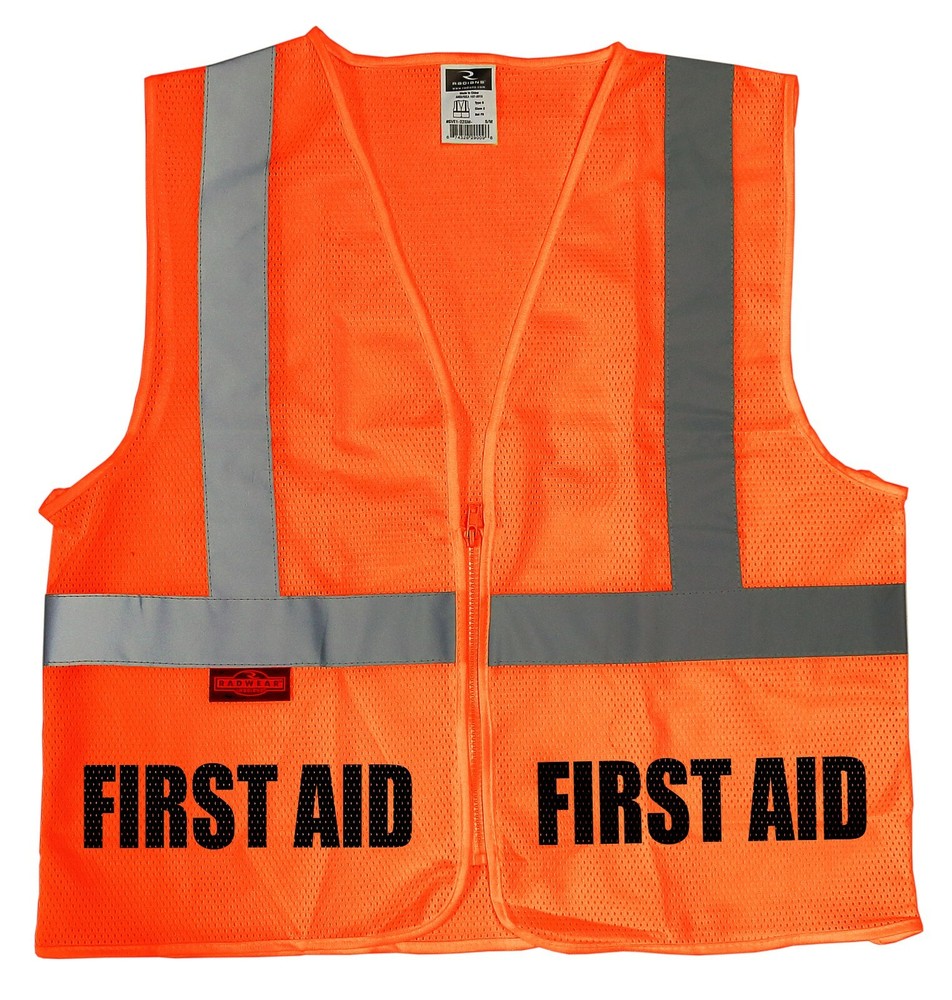 First Aid safety vest, first aid volunteer, high visibility safety vest.