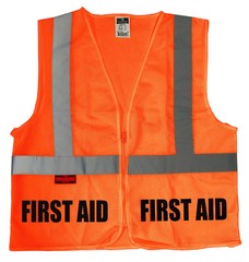 First Aid safety vest, first aid volunteer, high visibility safety vest.
