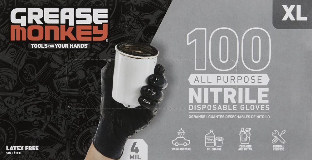 X Large Black Grease Monkey Disposable Nitrile Gloves Pack of 100