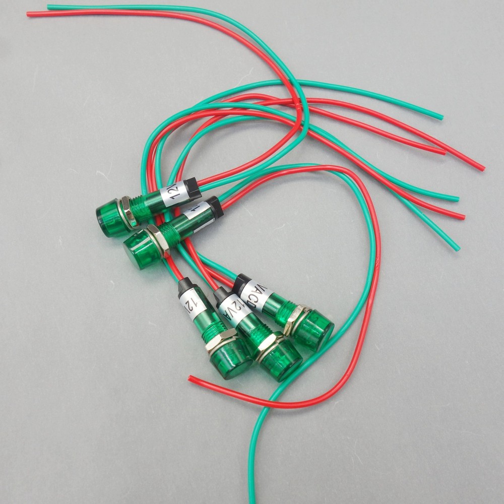 10Pcs 12V AC/DC 10mm Green Mini LED Pilot Lights CYLINDRICAL Cap with wire