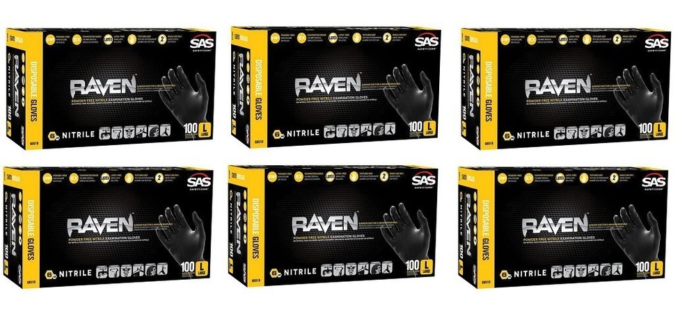 SAS 66518 RAVEN Black Nitrile Gloves Powder 100/BX L (6 Pack)