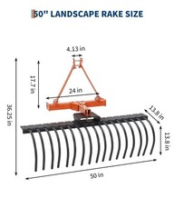 50 in Landscape Rake 3 Point Hitch Tractor Rake Category-0 Cat-1 Tractor Steel