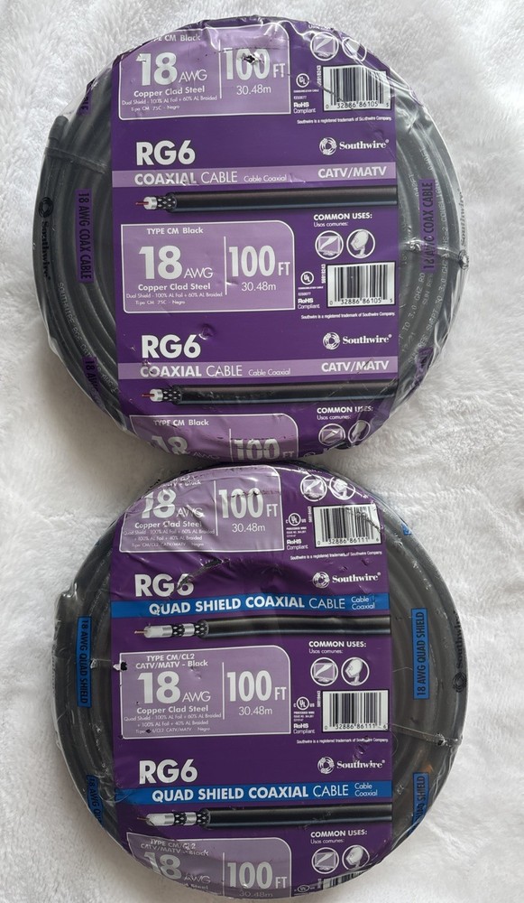 Southwire 56918443 100 ft. RG6 Quad Shield Black CM Coaxial Cable Lot Of 2