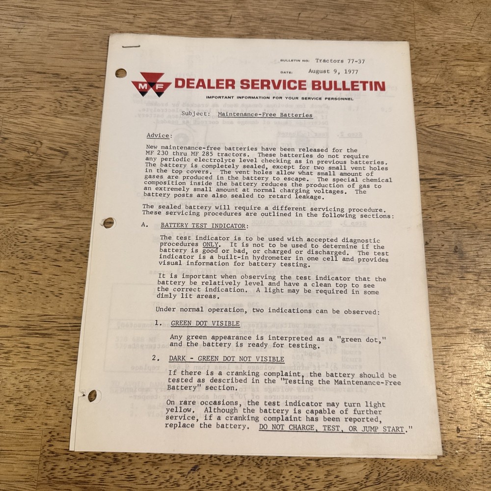1977 Massey Ferguson Maintenance Free Batteries Dealer Service Bulletin