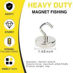 1pc N52 Neodymium Magnet Hook: Super Strong Fishing Salvage Round D42mm – NEW