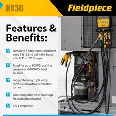 Fieldpiece HR3B – ¼” Ball Valve Hose Set – 5 ft Refrigerant Charging & Recovery