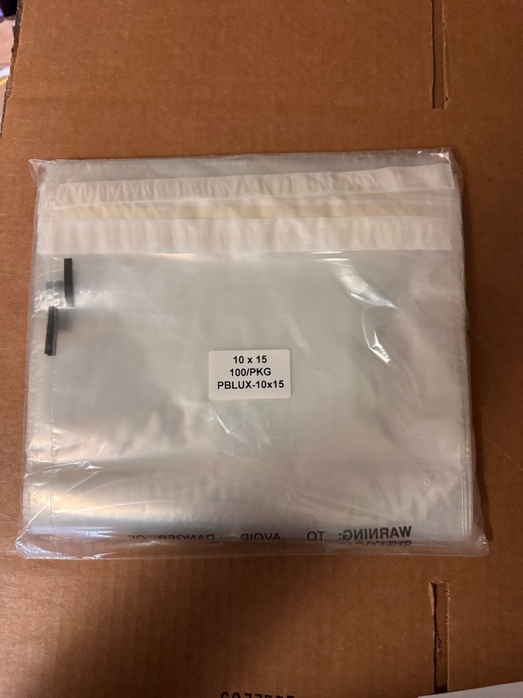 100 Pack of 10×15 Clear Poly Bags Self Seal with Suffocation Warning 1.5 mil