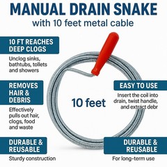 Manual Drain Snake Auger 10 Ft Pipe Clog Remover for Sink Tub Shower Toilet