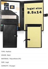 Legal Size Padfolio, 8.5 x 14 in, 50-Sheet, Black PU Leather, Pen Holder
