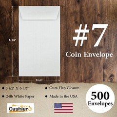 Cashier Depot #7 Coin Envelopes, 3 1/2 X 6 1/2, Premium 24lb. White, 500/Box