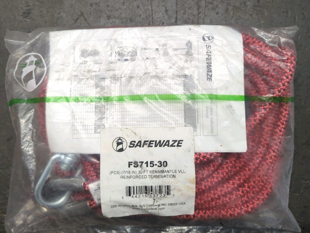 SAFEWAZE Kernmantle Vertical Lifeline Assembly w/ Swivel Snap Hook 30ft FS715-30