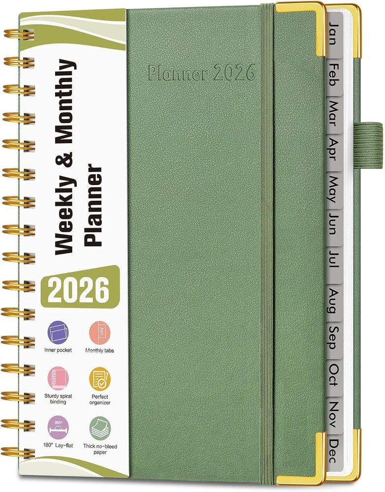 2026 Weekly /Monthly spiral planner, appointment book -5.75″ x 8.38″-green color