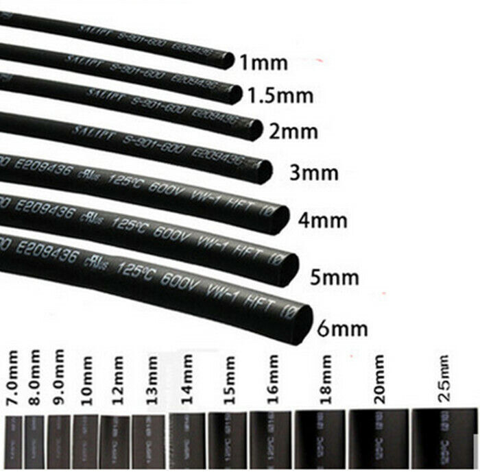 2M/6ft Heat Shrink Tubing Tube Black 1mm 1.5mm 2mm 3mm 4mm 5mm 8mm 10mm-60mm 2:1