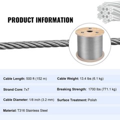 T316 Stainless Steel Cable 1/8″ 7×7 Steel Wire Rope Cable 500FT Cable Railing