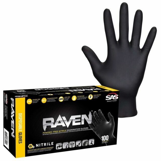 SAS Safety 66519 Raven Powder-Free Disposable Black Nit 6 Mil Gloves, Size XL