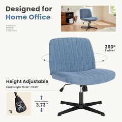 Office Desk Chair Wide Seat Swivel Adjustable Height Armless Blue Fabric