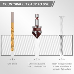 5PCS Countersink Drill Bit Set, 1/4″ Hex Shank 1/4”, 3/8”, 1/2”, 5/8”, 3/4”