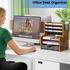 13.58 In. W X 15.04 In. H Brown Wood Metal Retro Mesh Desk Organizer with Drawer