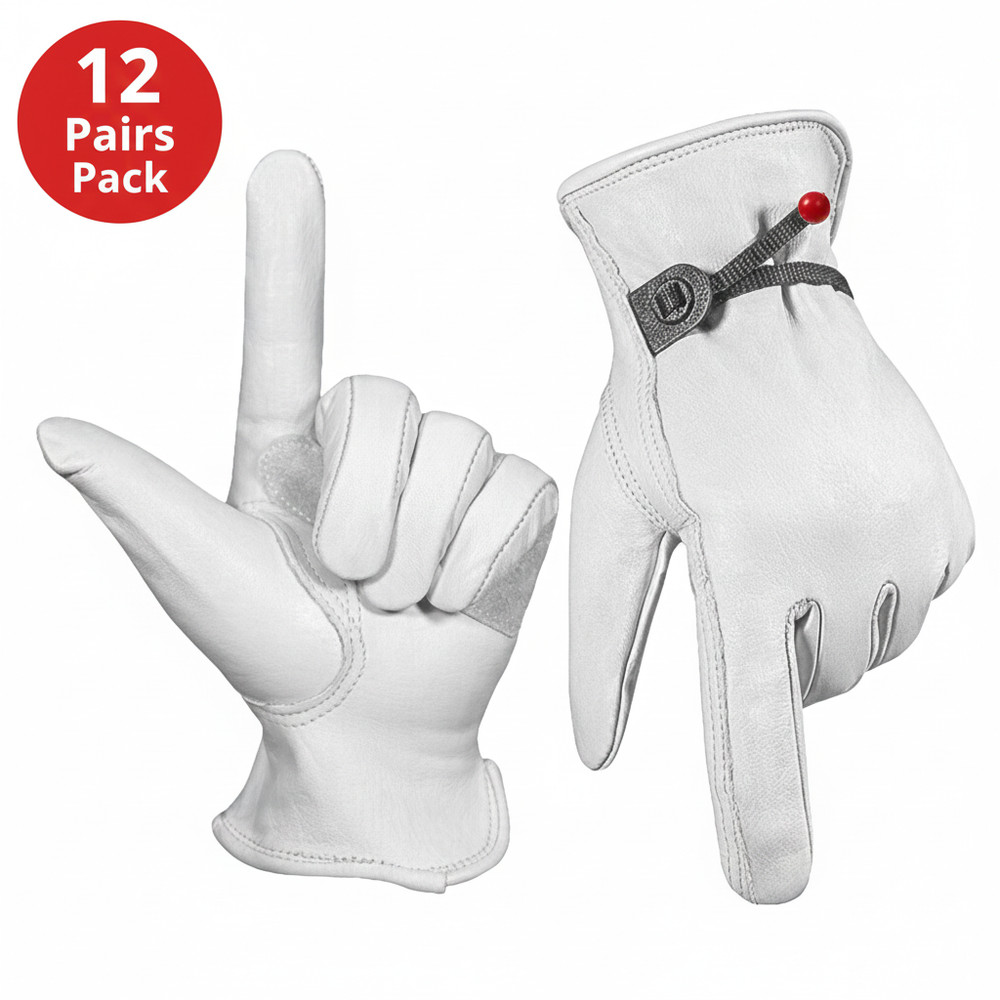 12 Pairs Bulk White Cowhide Leather Work Gloves Safety Driver PPE