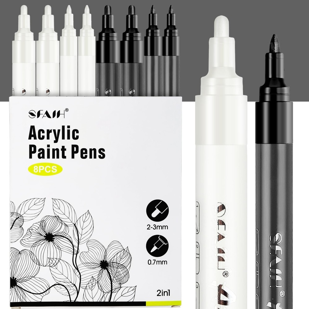 SFAIH Black & White Acrylic Paint Markers 1 Count (Pack of 8), &