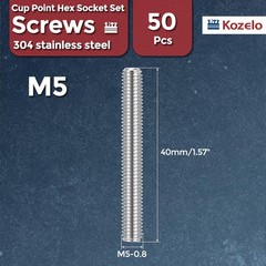 Kozelo 50pcs Cup Point Hex Socket Set Screws – [M5-0.8x40mm] 18-8 Stainless S…