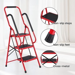 3 Step Ladder with Hankdrails, Portable Folding Step Stool with Safety Lock, Red