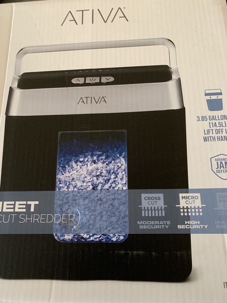Ativa 8-Sheet MicroCut Shredder High Security Brand New Lift Off Lid With Handle