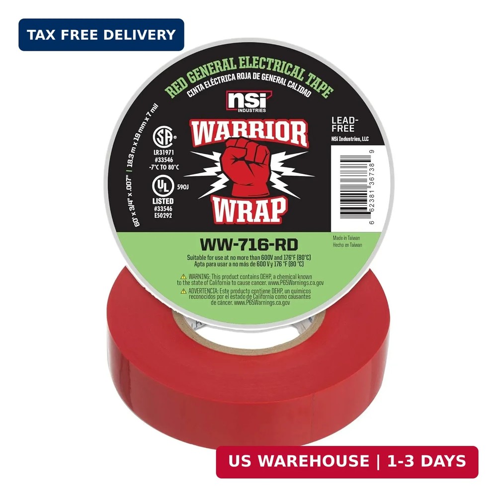 WarriorWrap General 3/4 in. x 60 ft. 7 mil Vinyl Electrical Tape, Red