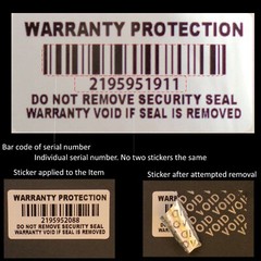 Warranty Void If Removed Security Sticker: INDIVIDUAL SERIAL NUMBERED (AvR010)