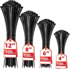 400 Pack Black Zip Ties – Assorted Sizes (4-12 Inch) for Secure Cord Management