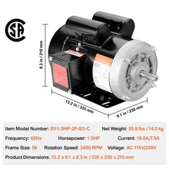 Uimoso 1.5HP Electric Motor 3450RPM AC115V/230V 56 Frame 1-Phase 5/8″ Shaft