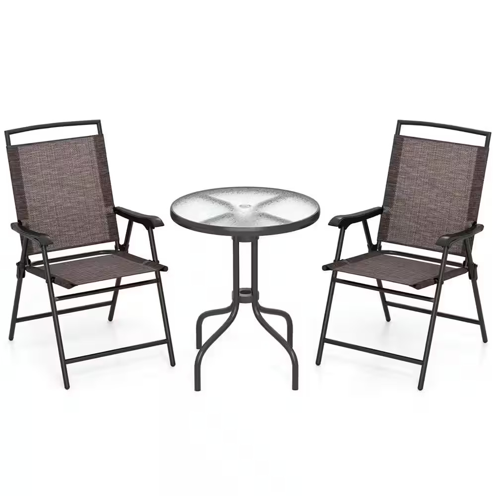 3-Piece Metal round Outdoor Bistro Furniture Set Patio Folding Chairs and Table