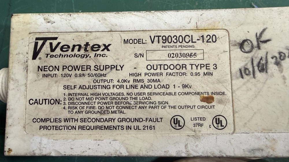 Ventex 9030CL-120 1000v to 9000v 30ma Neon transformer
