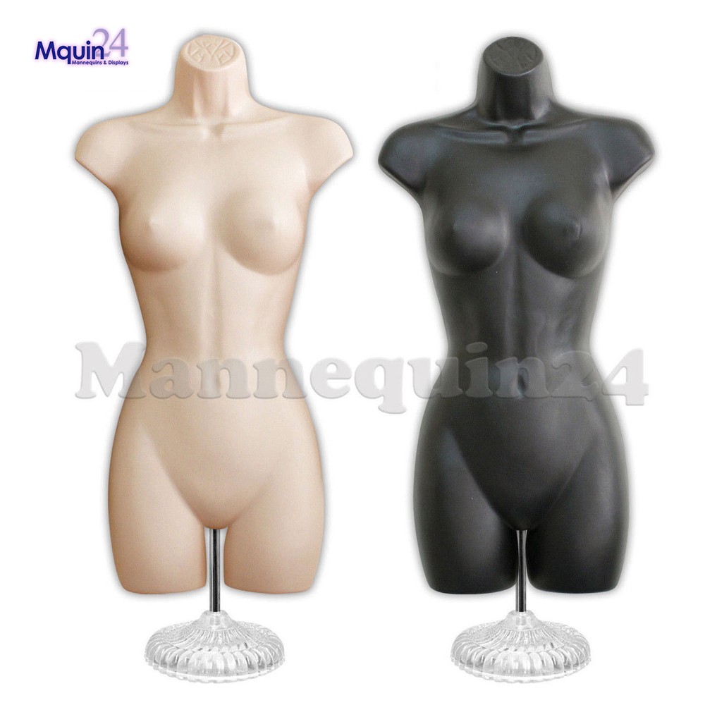 2 Pack Female Torso Body Mannequin Dress Form Flesh & Black Set 2 Stands 2 Hooks