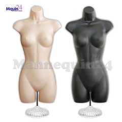 2 Pack Female Torso Body Mannequin Dress Form Flesh & Black Set 2 Stands 2 Hooks