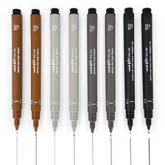 Fineliner Drawing Pen Sketching Set of 8 Black Dark Light Gray Sepia 0.1 0.5