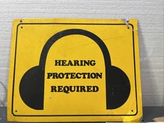 Pair of Vintage Metal Hearing Protection Required Signs Industrial Safety 11×14