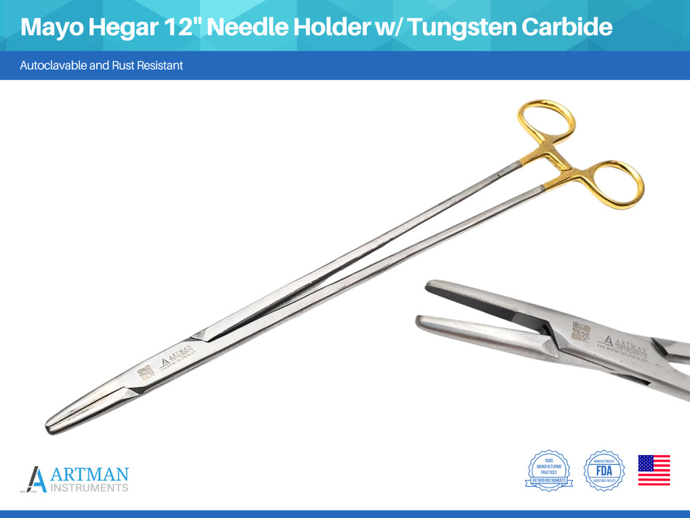 Mayo Hegar Needle Holder Driver 12 inches w/ Tungsten Carbide ARTMAN INSTRUMENTS