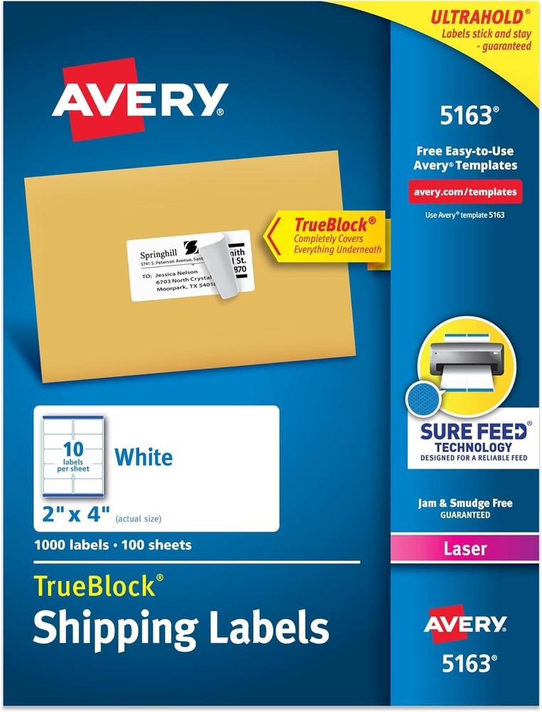 1000 Labels Avery 5163 Trueblock Shipping Labels 2″ x 4″ White Laser