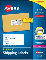 1000 Labels Avery 5163 Trueblock Shipping Labels 2″ x 4″ White Laser