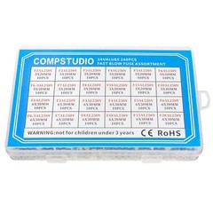 24 Values 240 Pcs Fast Blow Glass Fuses Assortment Kit 5x20mm&6x30mm 250V