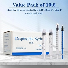 100 Pack 1ml 25Ga Luer Slip Syringes – Sterile, Disposable, Individually Wrapped