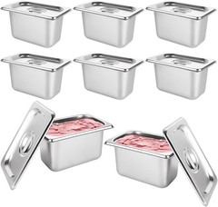 8 PCS Stainless Steel Hotel Pans with Lids 1/9 Size 4 Inch Deep Restaurant
