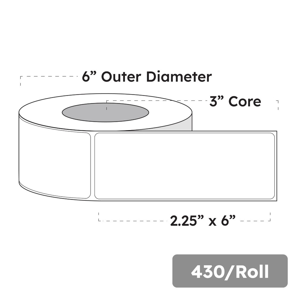 2.25″ x 6″ x 430 Labels, White Gloss BOPP Roll Inkjet Labels, 3″ Core, Blank