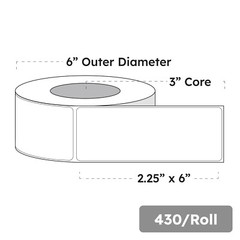 2.25″ x 6″ x 430 Labels, White Gloss BOPP Roll Inkjet Labels, 3″ Core, Blank