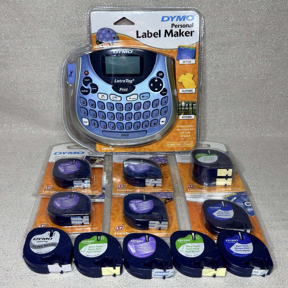 NIB Dymo LetraTag Label Maker LT-100T Printer 9 NIB Cartridges 5 Partial Bundle