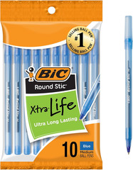 round Stic Xtra Life Blue Ballpoint Pens, Medium Point , 10-Count Pack