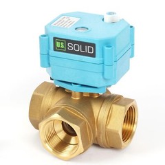 U. S. Solid 3 Way T Type Motorized Ball Valve w/ Hand Wheel 1in Brass 9-24V